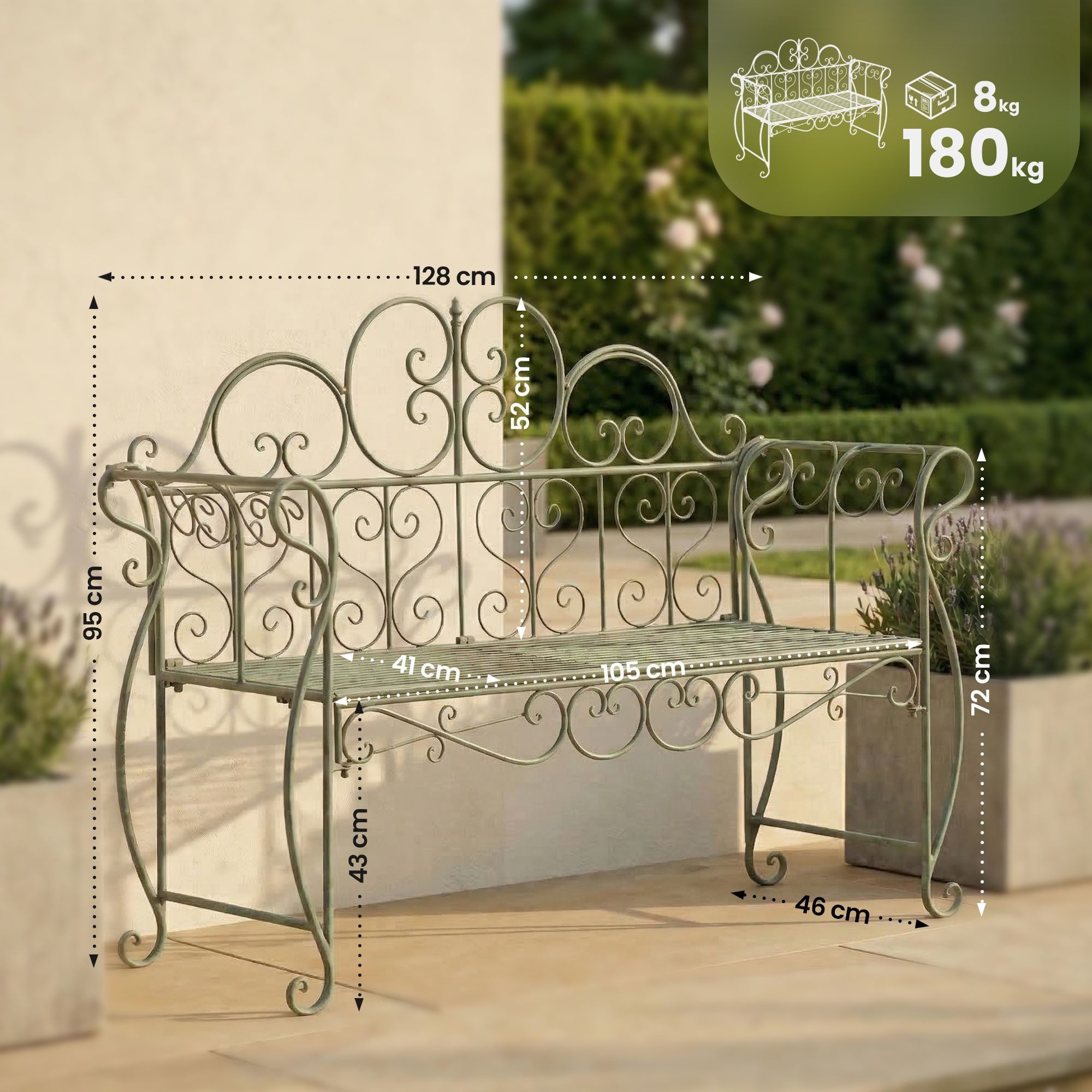 furnicato Gartenbank Minna 128x46x94 cm antik-grün (1-St)
