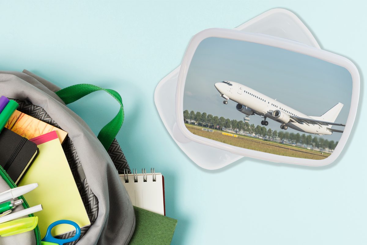 MuchoWow Lunchbox Abfliegende Mädchen und für Kunststoff, weiß Jungs (2-tlg), und Flugzeuge für Brotdose, Erwachsene, Schiphol, Brotbox Kinder in