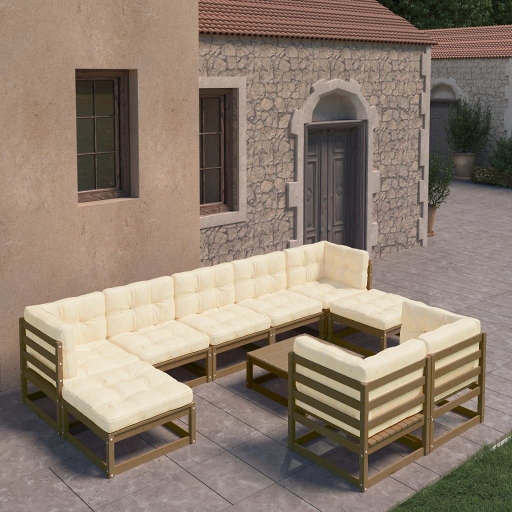 vidaXL Gartenlounge-Set 10-tlg. Garten-Lounge-Set mit Kissen Honigbraun Massivholz, (1-tlg)