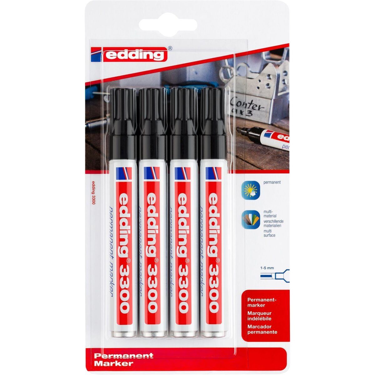 edding Permanentmarker Permanentmarker edding 3300 nachfüllbar 1-5mm schwarz 4 Stück