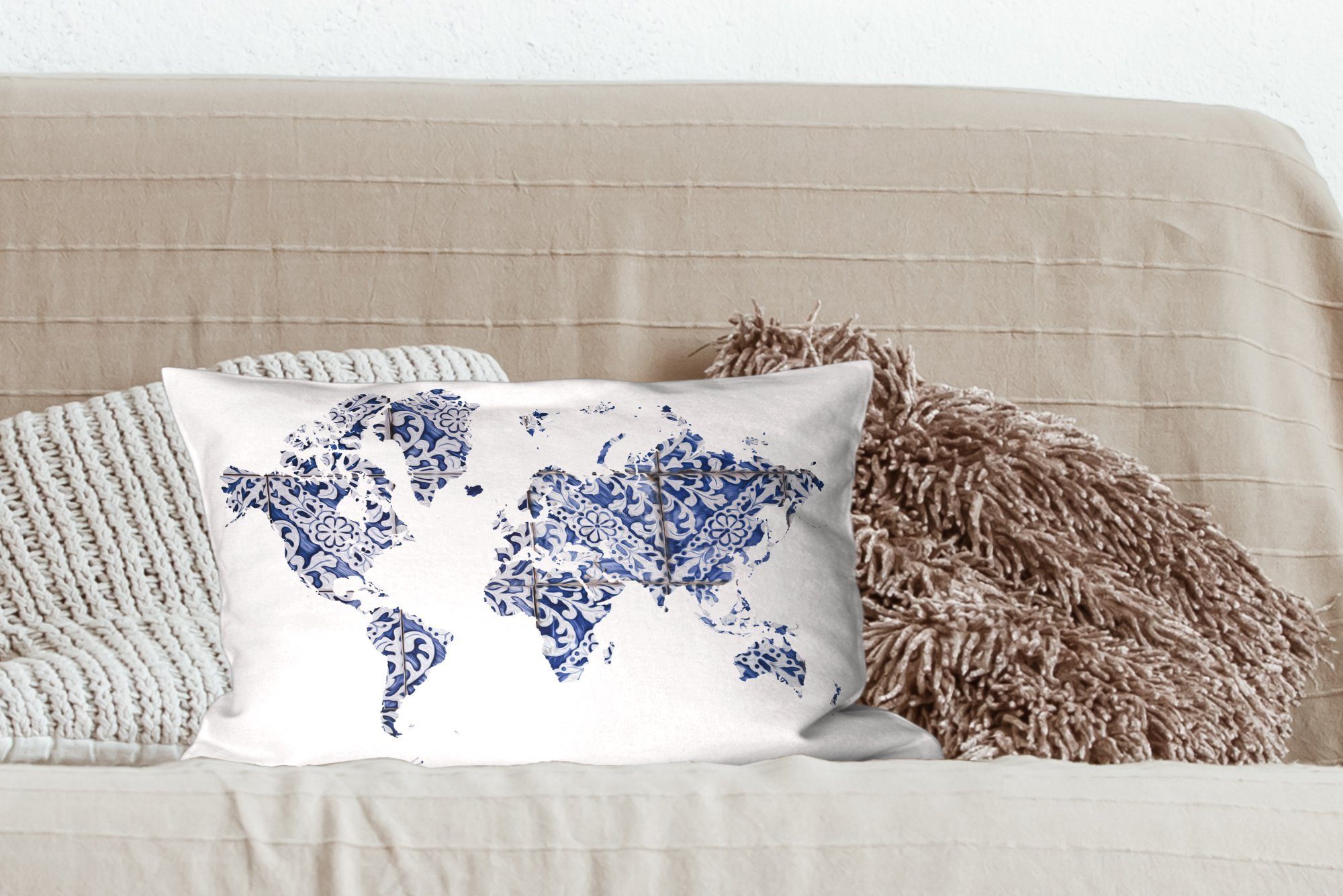 Wohzimmer mit Weltkarte Weiß, MuchoWow Blau Schlafzimmer - Zierkissen, - Dekoration, Füllung, Dekokissen Delfter Dekokissen
