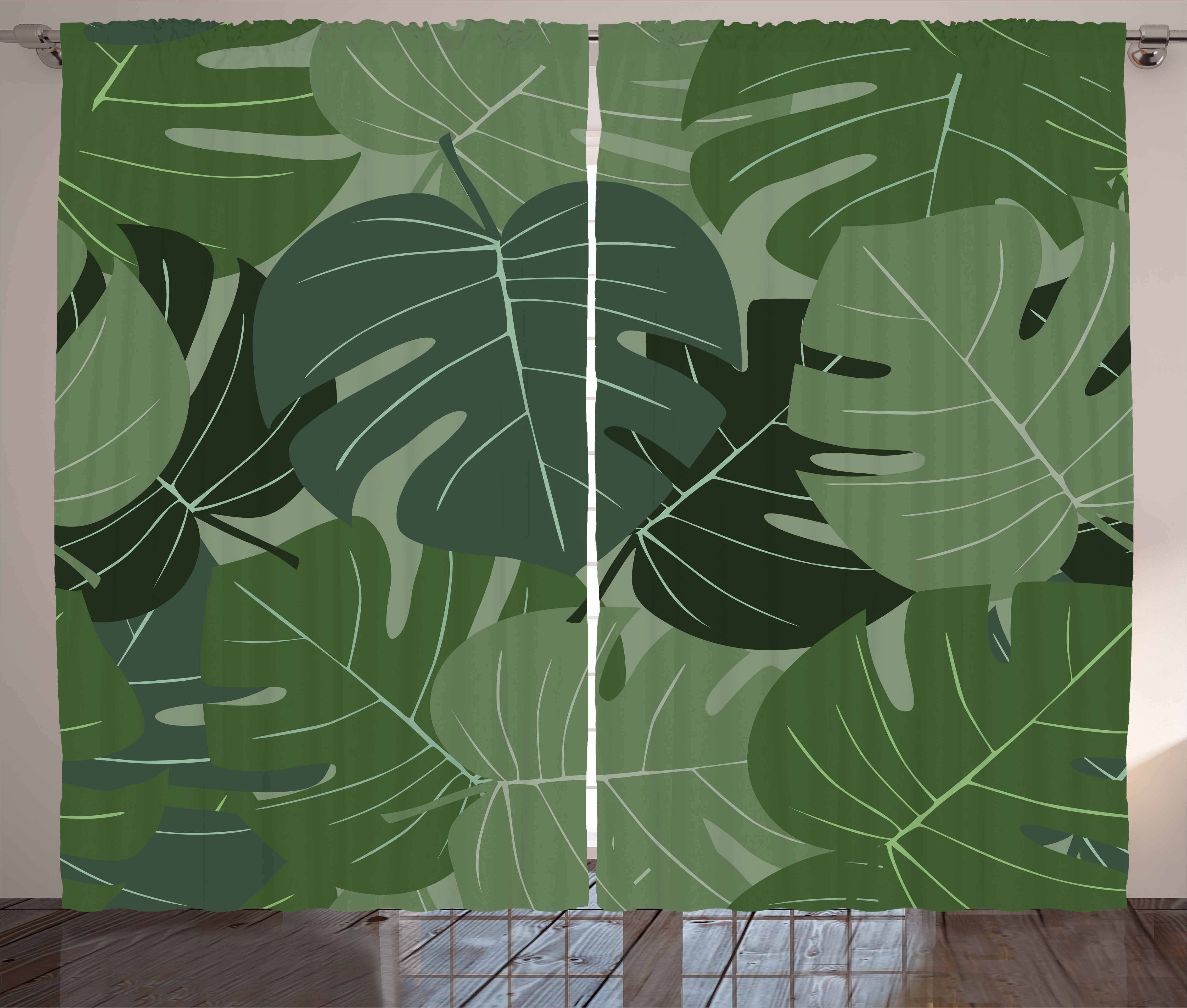 und Abakuhaus, Camo Kräuselband Schlafzimmer Waldgrün Gardine Vorhang mit Palmblätter Haken, Schlaufen