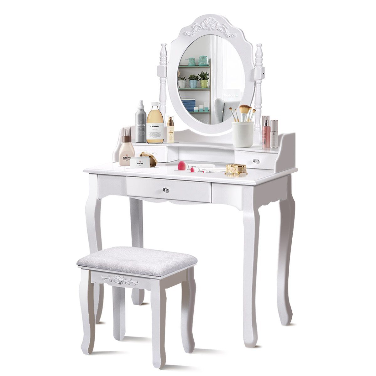 & Hocker Oval Schubladen 3 COSTWAY drehbarem Spiegel & mit Schminktisch, 360°