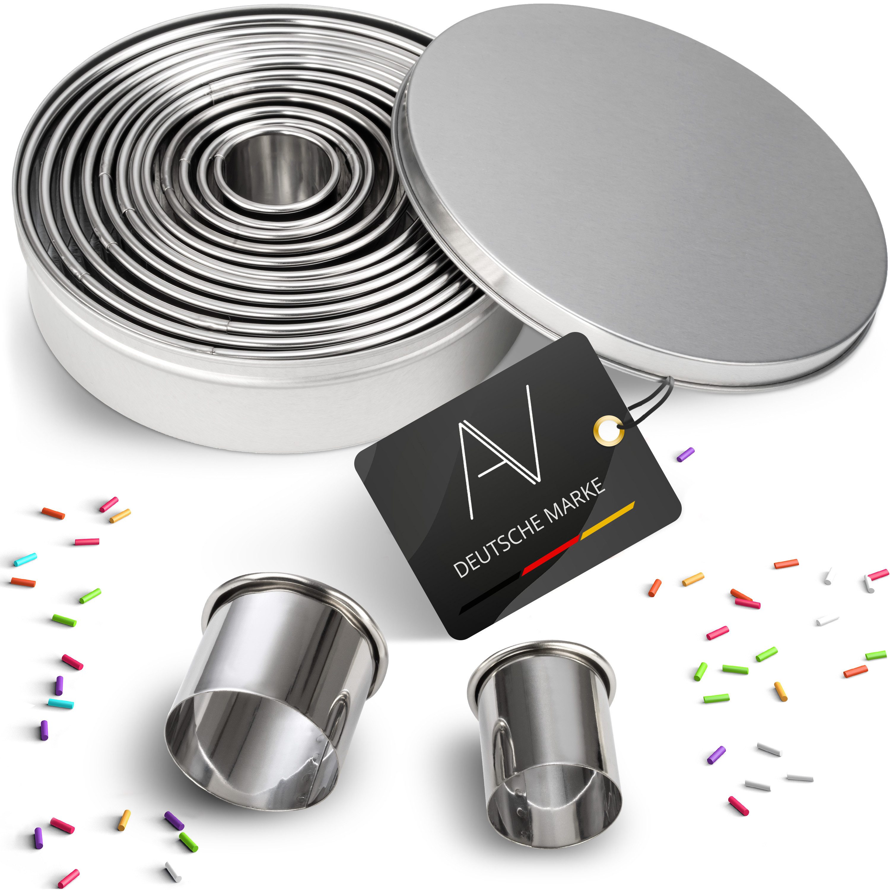 AVANA Ausstechform Ausstecher Ringe Keksformen Plätzchen Speiseringe Cookie Cutter Rund, Edelstahl, (12 Stück), Set Ausstechformen mit Aufbewahrungsbox
