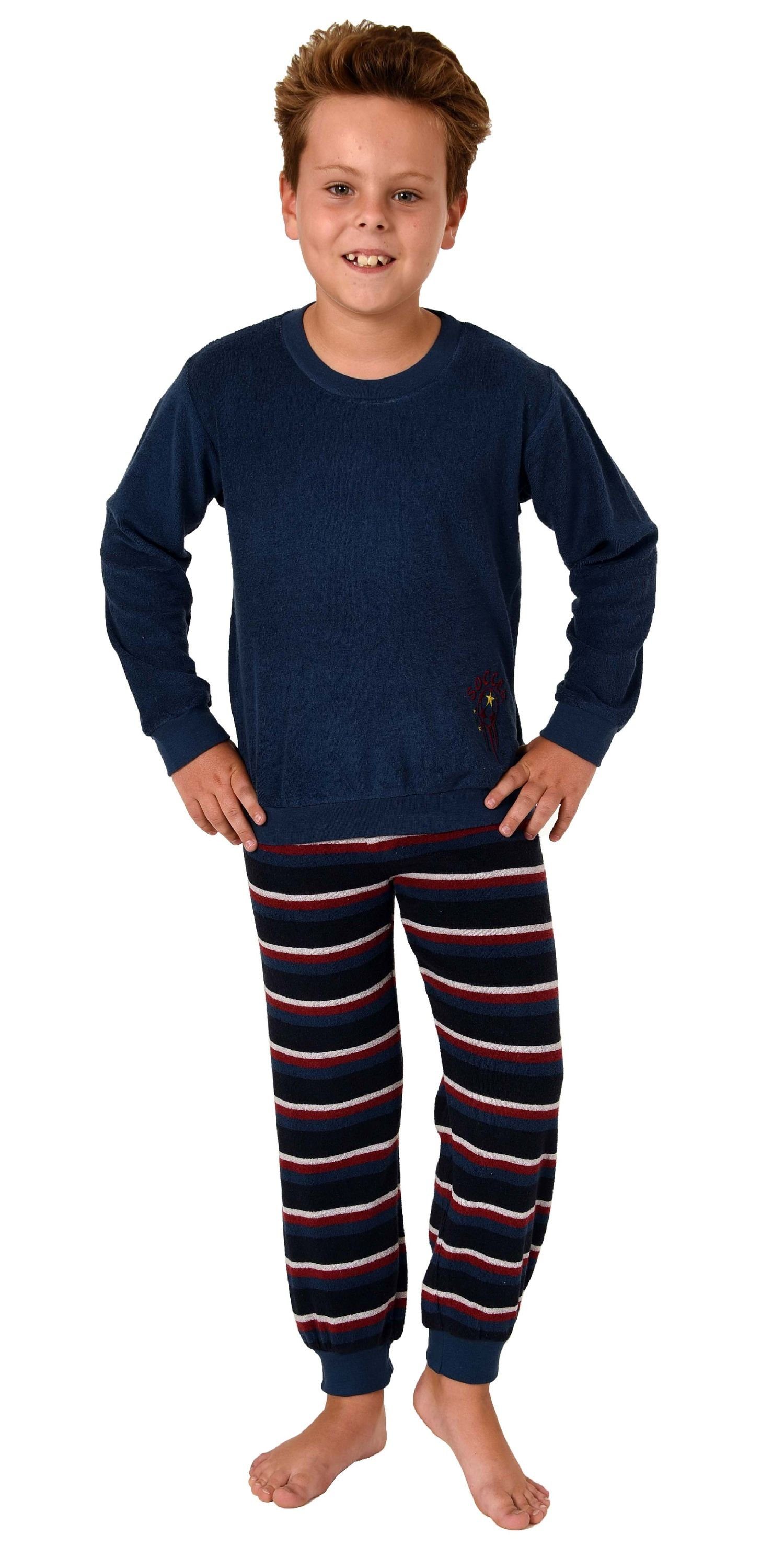 Normann Pyjama Jungen Frottee Pyjama langarm mit Bündchen und Soccer Fussball Motiv blau