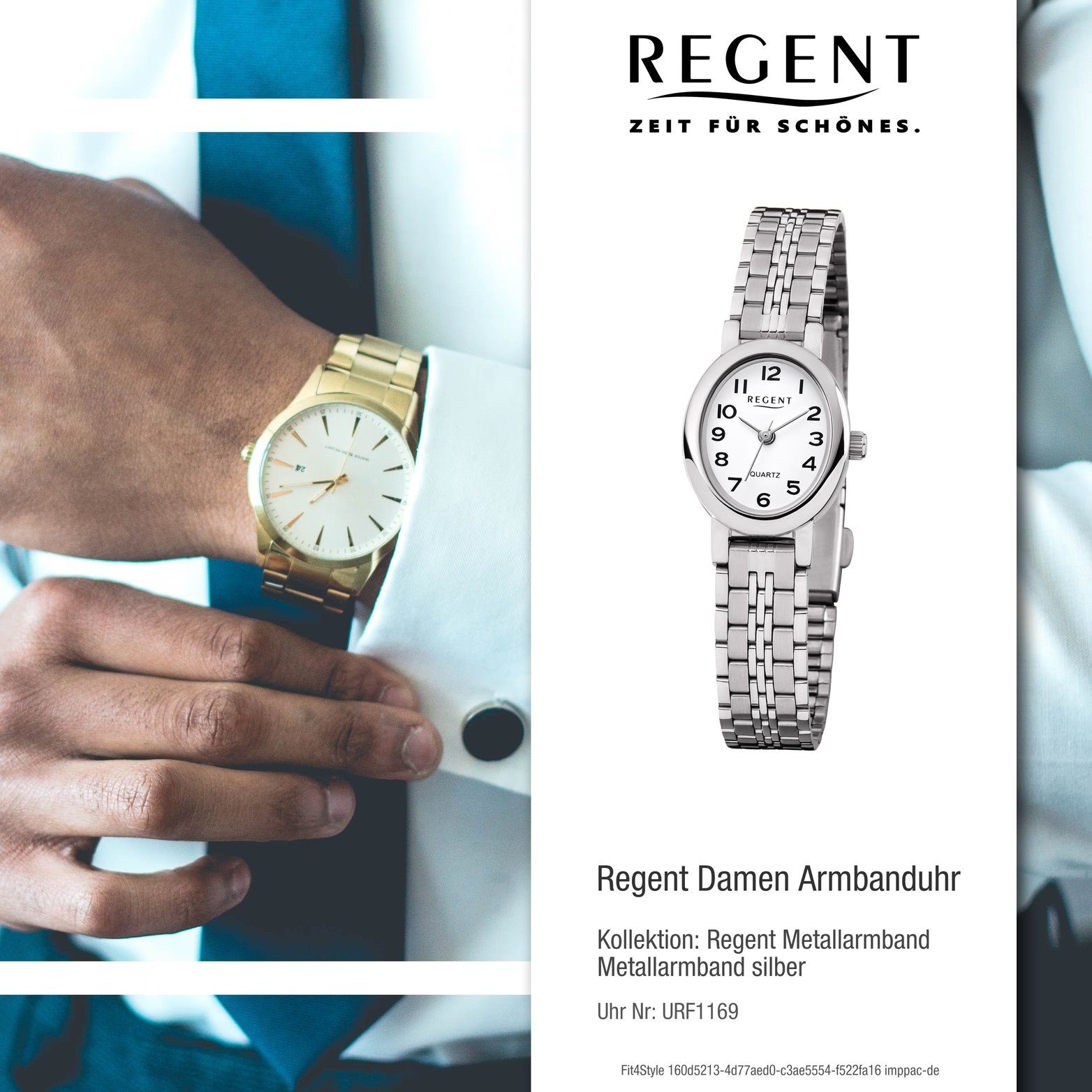 Regent Quarzuhr Regent Metallarmband (ca. klein Metall Uhr F-1169 Gehäuse, Damenuhr Analog, 24mm) Damen ovales silber