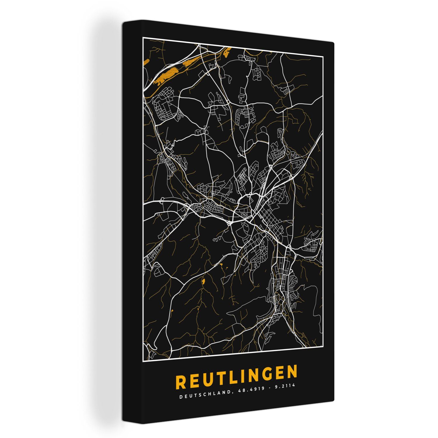 OneMillionCanvasses® Leinwandbild Reutlingen - Gold - Stadtplan - Karte - Deutschland, (1 St), Leinwandbild fertig bespannt inkl. Zackenaufhänger, Gemälde, 20x30 cm