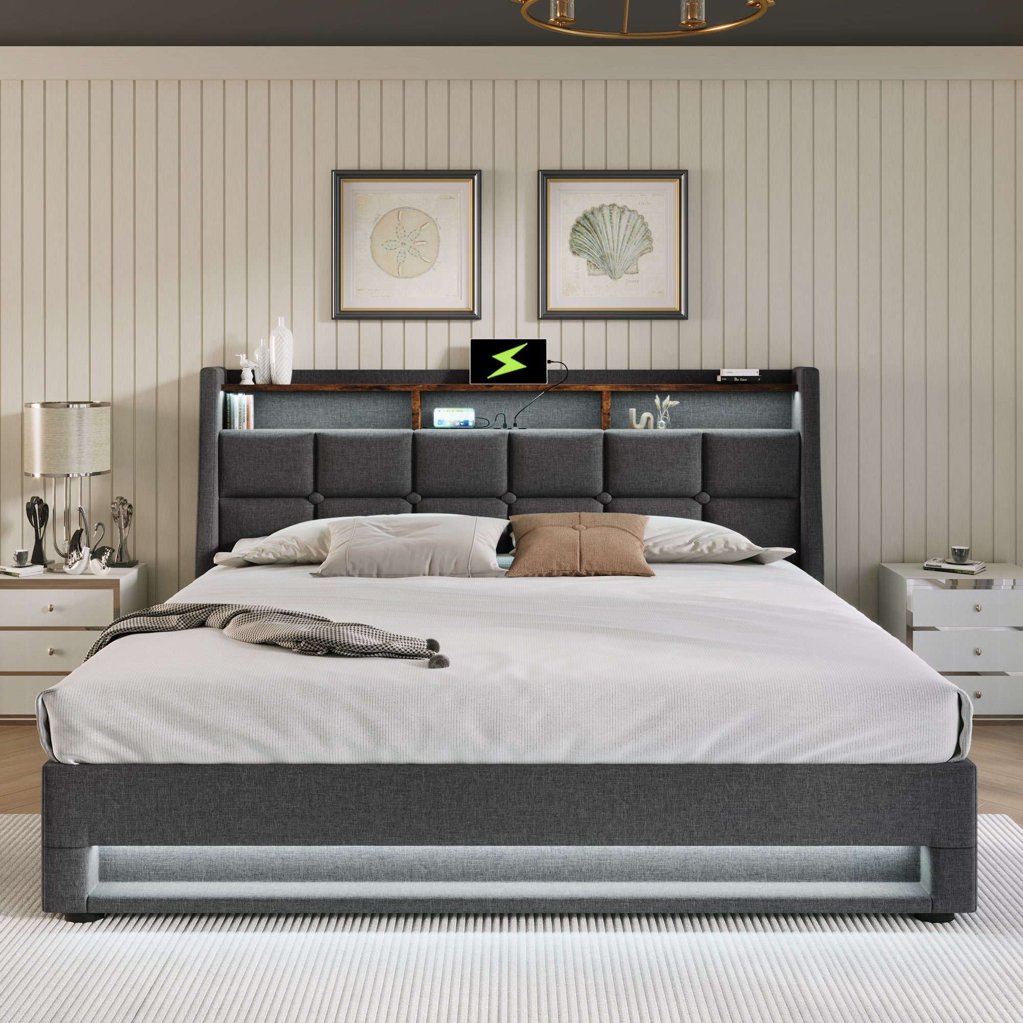 Flieks Polsterbett, Baumwolle-Leinen Bezug Stauraumbett mit USB-Anschluss + LED 140x200cm