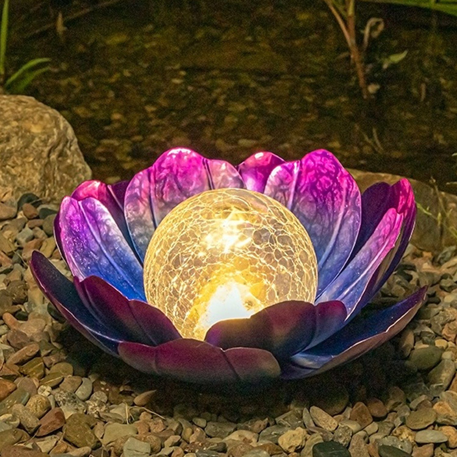 MARELIDA LED Solarleuchte LED Solar Lotusblüte Lotusblume Solarleuchte Crackleglas Gartendeko, warmweiß (2100K bis 3000K)