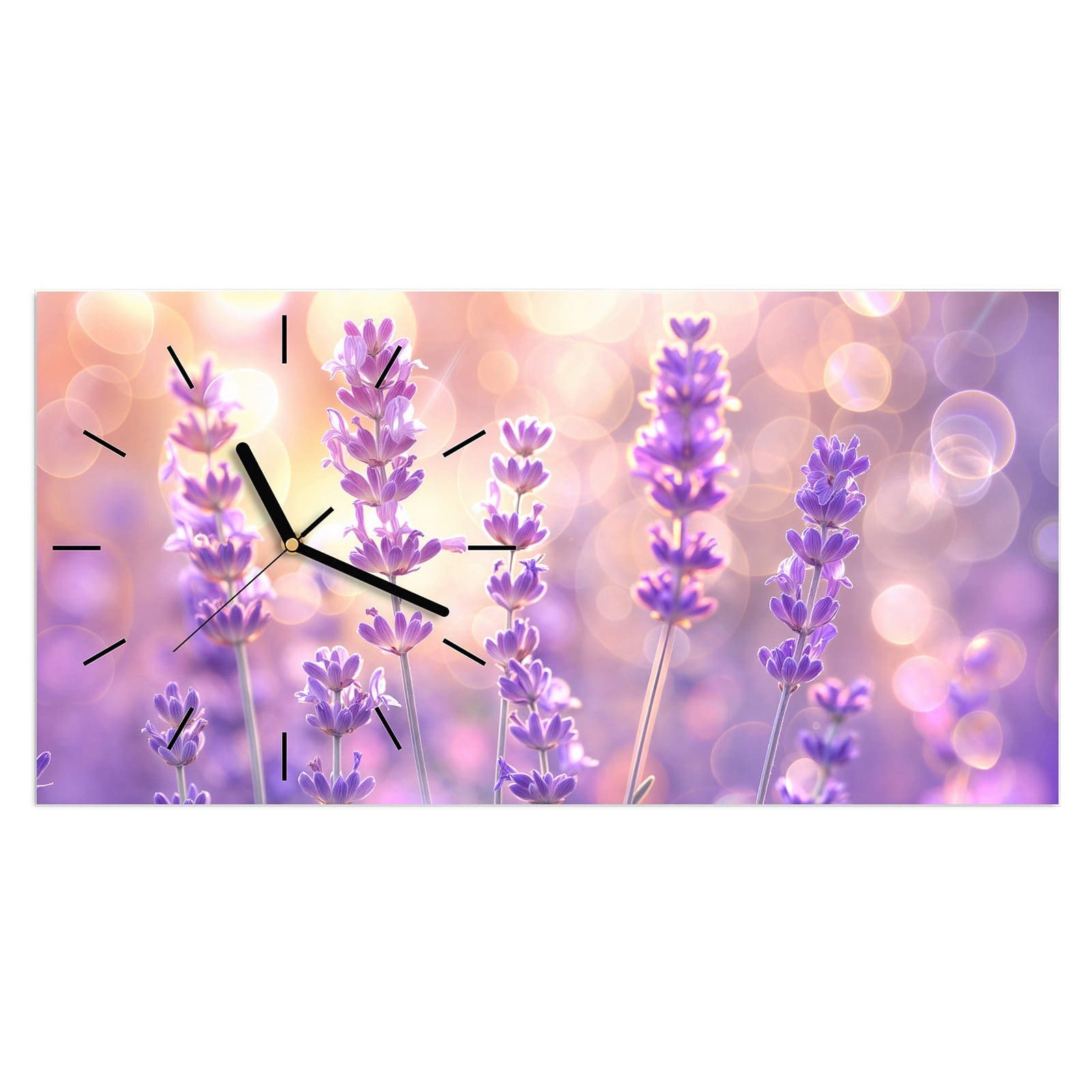 Wanduhr Glasuhr Wandkunst Größe 60 x 30 cm mit Motiv Lavendelblütenfeld