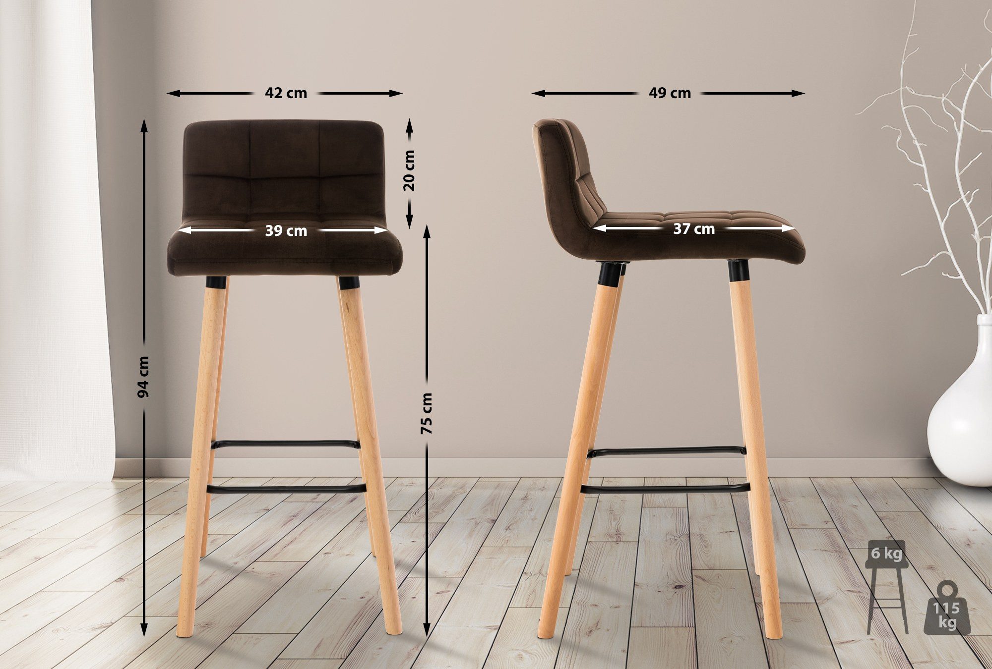 CLP Barhocker Lincoln Samt, mit Samtbezug, Vierfußgestell aus Buchenholz