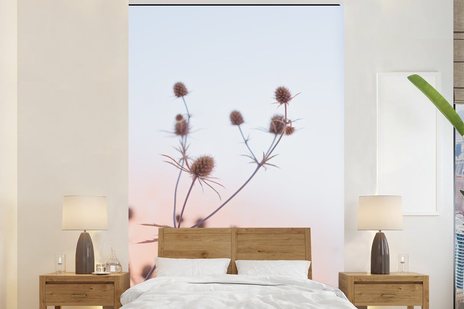 MuchoWow Fototapete Getrocknete Blumen - Pastell - Himmel, Matt, bedruckt, (3 St), Montagefertig Vinyl Tapete für Wohnzimmer, Wandtapete