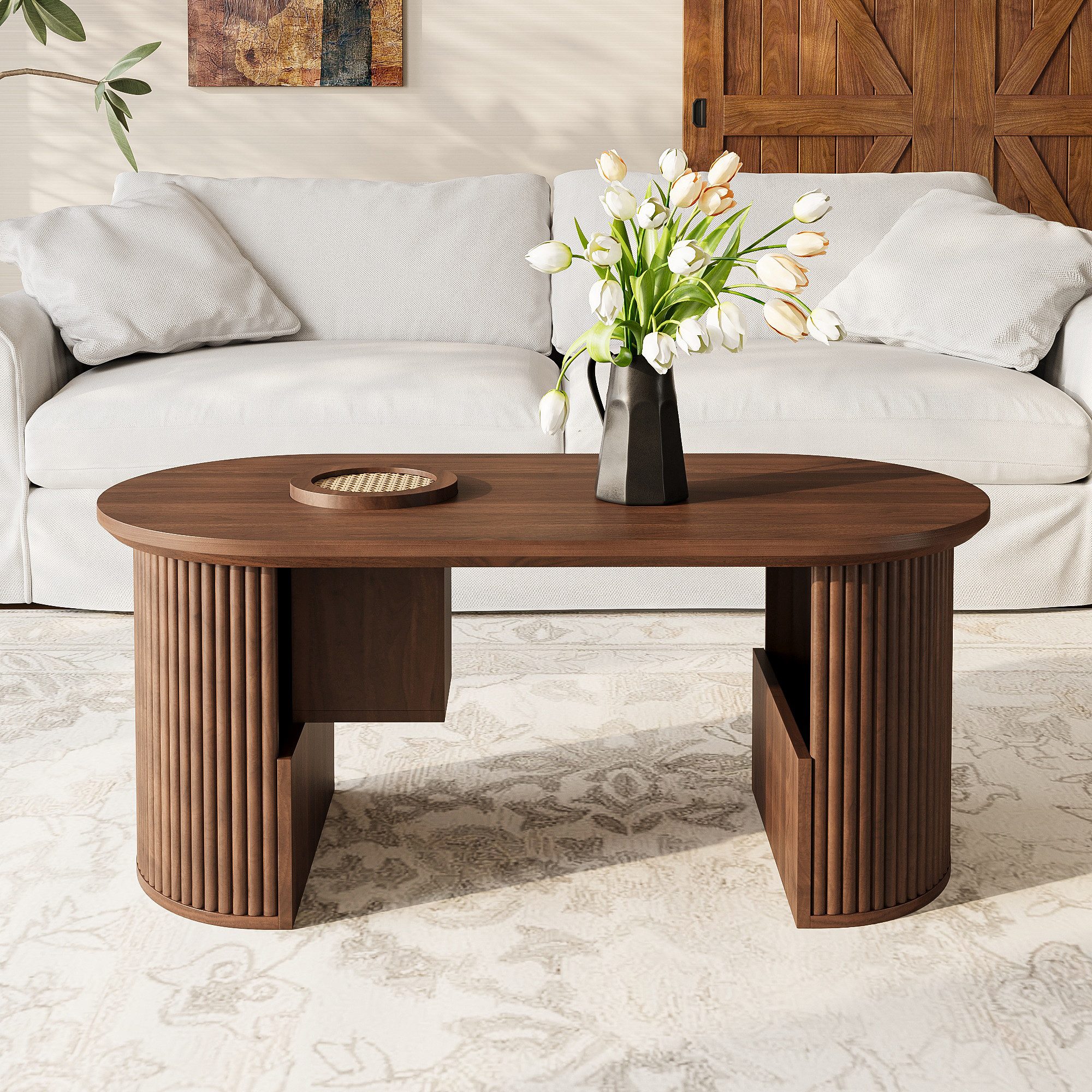 MODFU Couchtisch 105x46,5x50 cm aus MDF in Nussbaum mit Ablagefächern (Packung, 1-St., Moderner Couchtisch fürs Wohnzimmer), mit Retro-Design, vertikale Textur