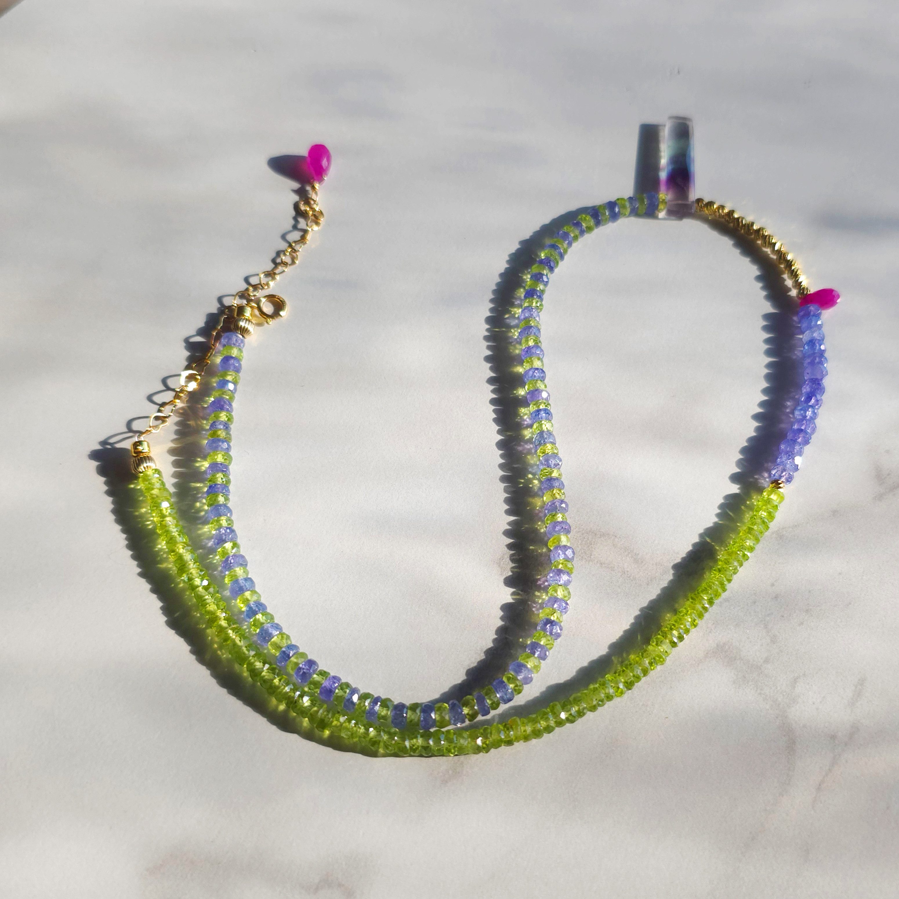 GOLDEN Perlenkette Tansanit und Peridot Halskette, Geburtsstein August Dezember, 14K Gold