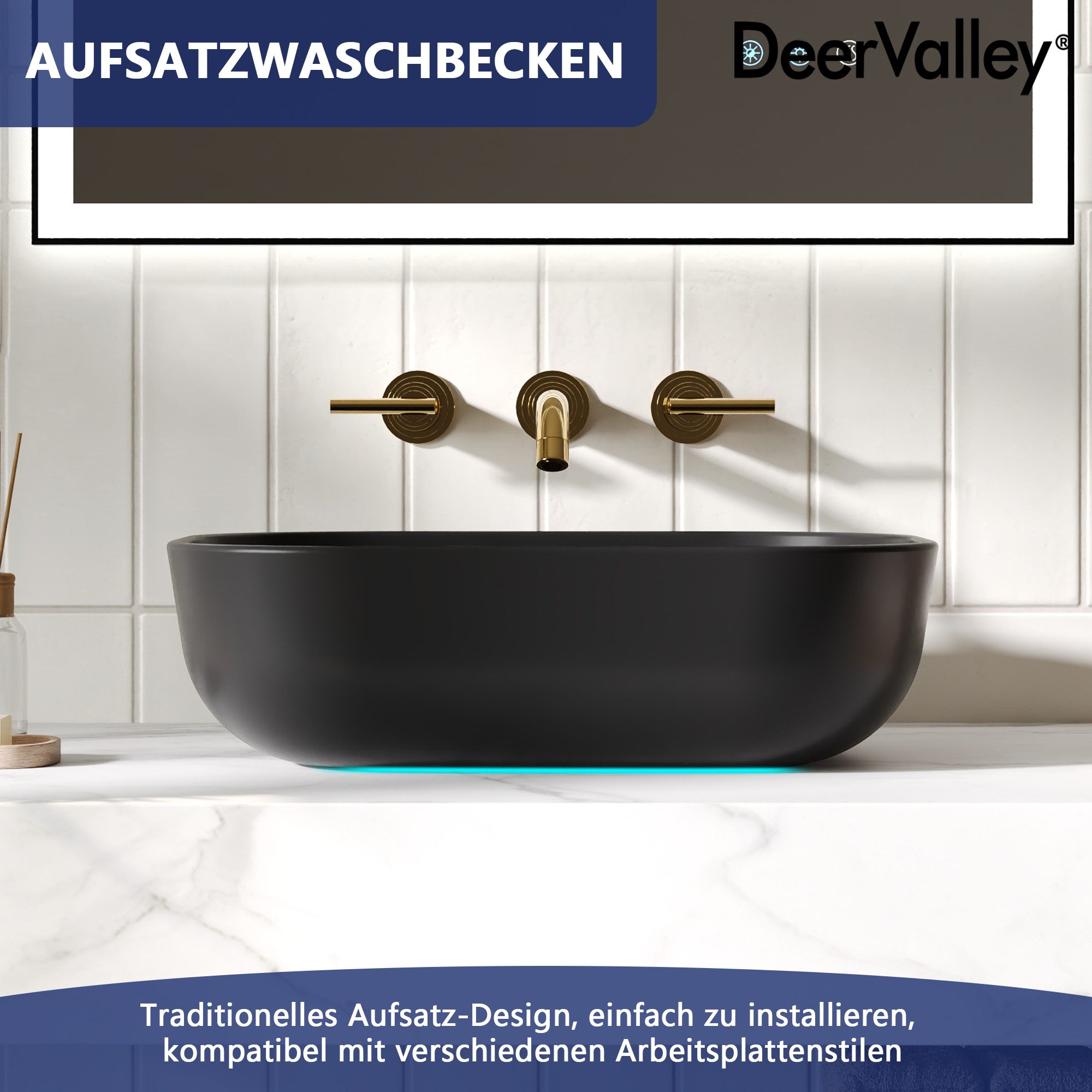 DeerValley Waschbecken DeerValley Oval-Aufsatzbecken, Schwarz, Hochglanz, 50,8x40,6cm (Packung), mit Hochglanzglasur für Badezimmer & Gäste-WC – Bild 5 von 5