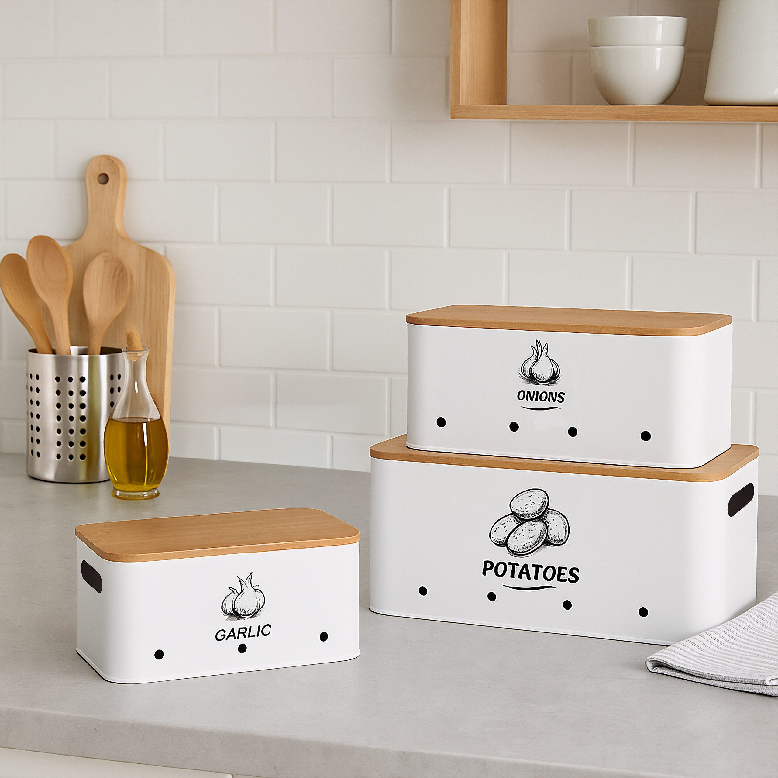 relaxdays Vorratsdose Aufbewahrungsbox 3er Set Bambusdeckel, Stahl, (3-tlg), weiß – Bild 2 von 5