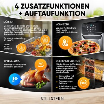 Stillstern Heißluftfritteuse [12L] Vorheizen&Warmhalten, 12 Programme, Rezeptbuch, 1800W, Grill, 1800 W, Minibackofen, Dörrautomat, Grillspieß & Grillkorb