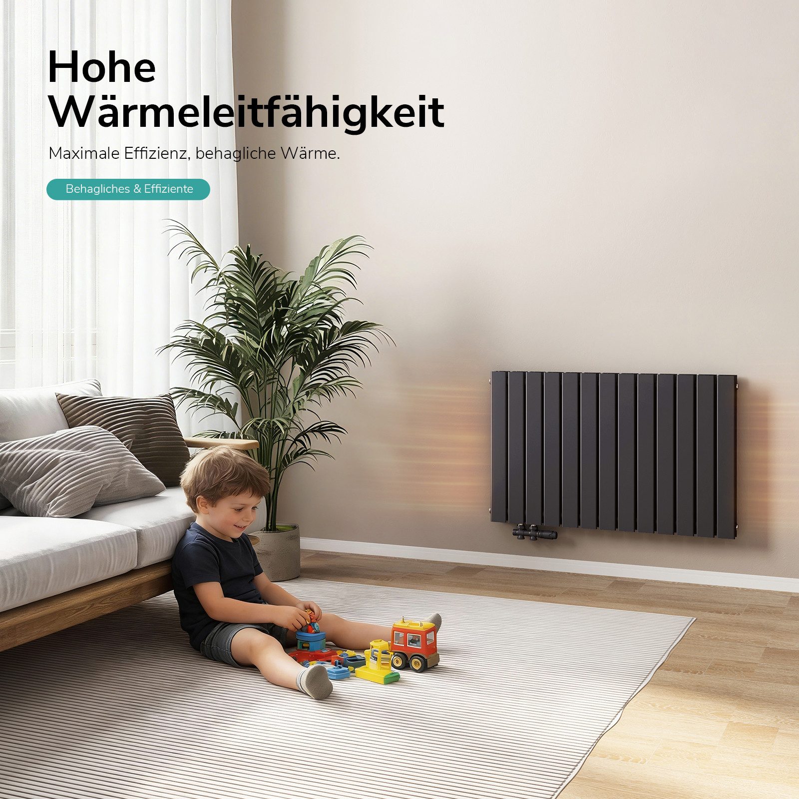 EMKE Heizkörper Doppellagig Flach Horizontal Design Paneelheizkörper, Seitenanschluss Anthrazit 805W für 7qm Raum