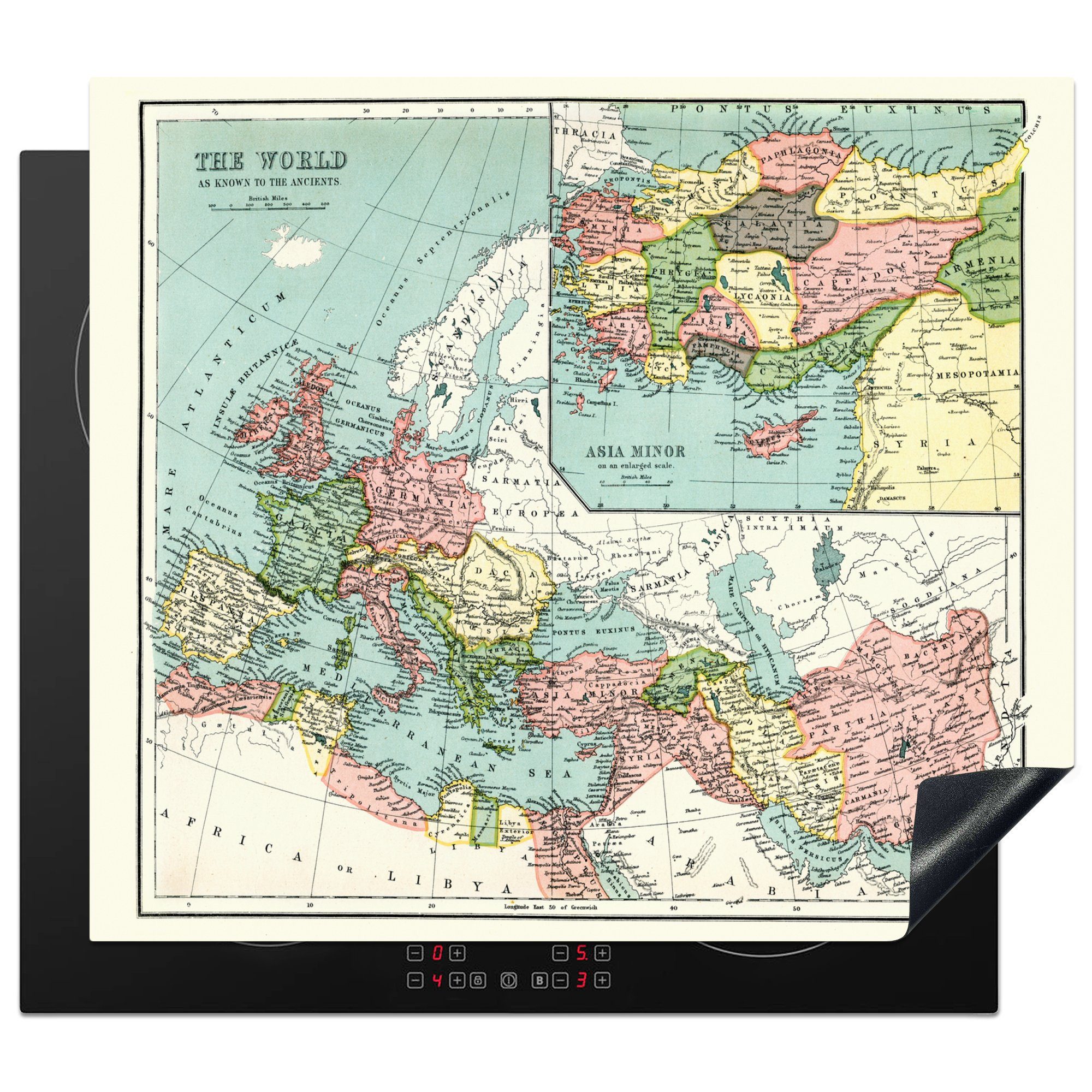 MuchoWow Herdblende-/Abdeckplatte Antiquitäten - Römer - Karte, Vinyl, (1 tlg), 60x52 cm, Mobile Arbeitsfläche nutzbar, Ceranfeldabdeckung