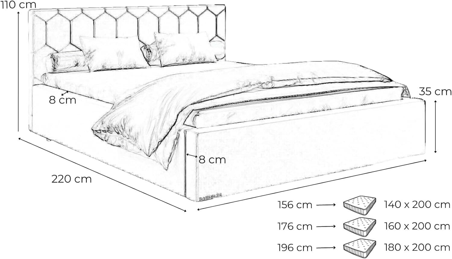 MOEBLO mit Rahmenbettgestell, Amber Bettkasten Kopfstütze, gepolstertes (Trinity und (Double Doppelbett mit Polsterbett 02 Lattenrost), Kopfteil Bett 26)
