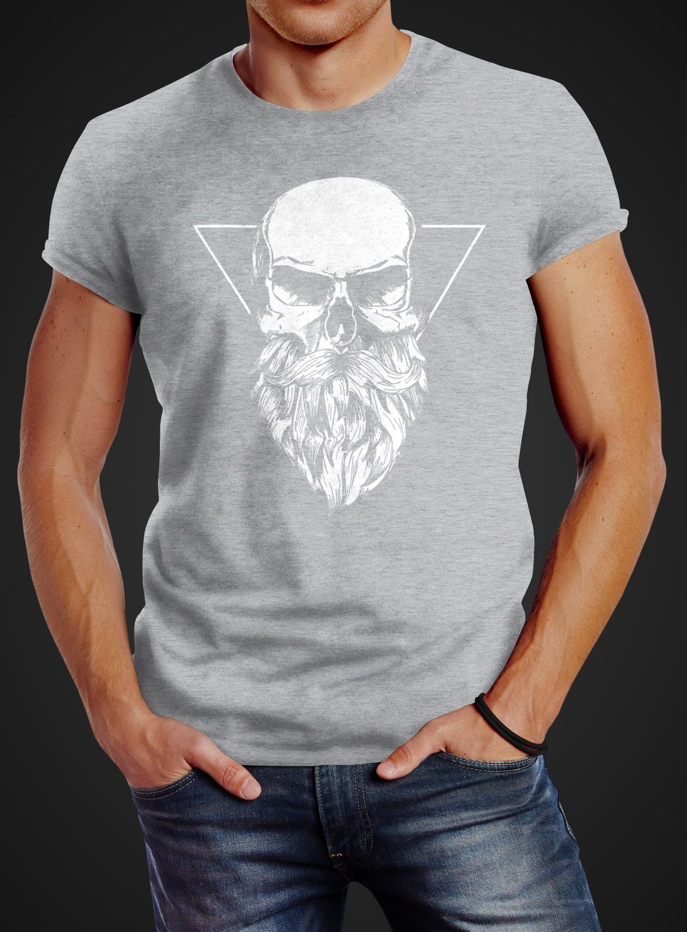 Neverless® Bart mit Neverless Slim grau T-Shirt mit Herren Totenkopf Print-Shirt Fit Print Triangle