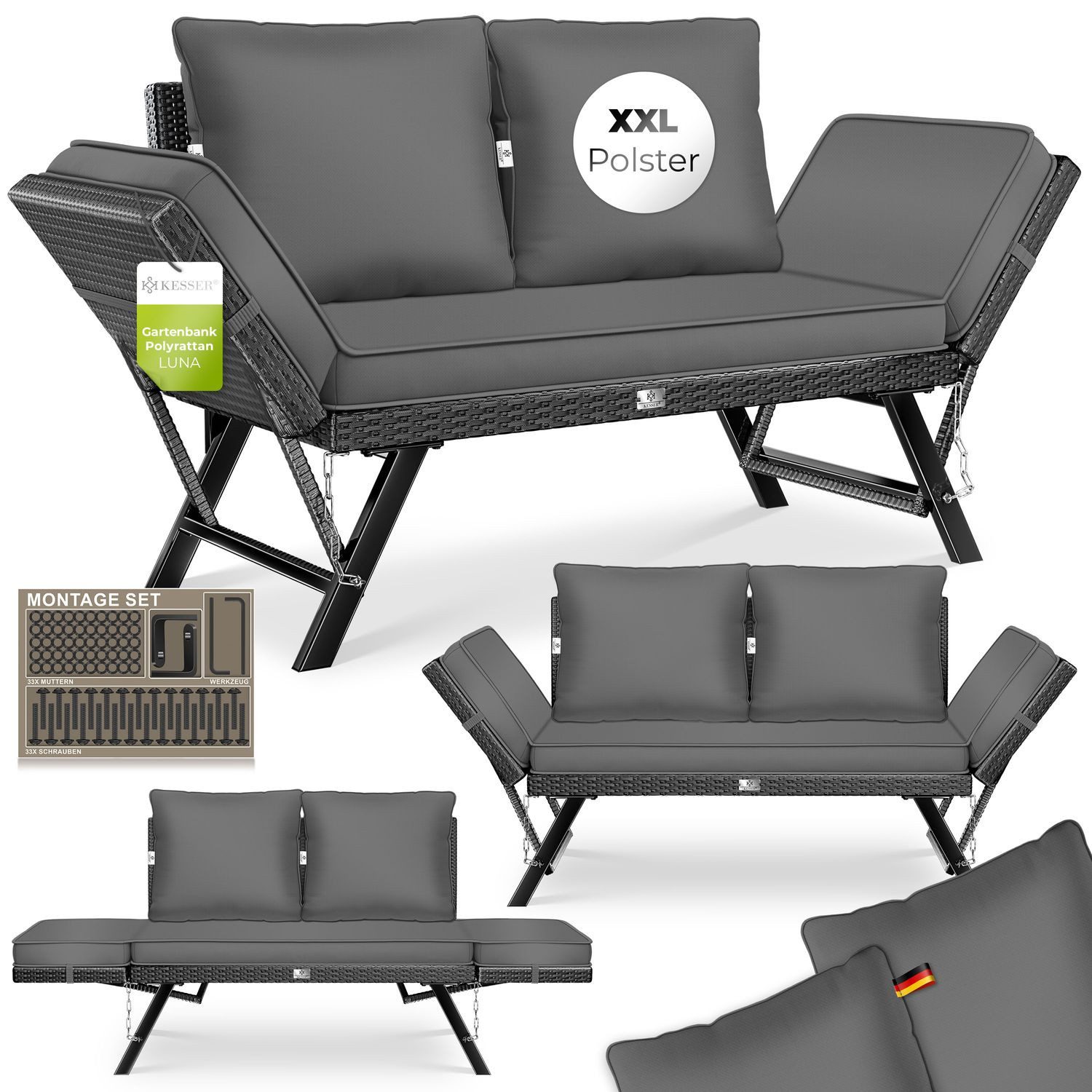 Gartenbank Polyrattan Gartensofa 4-in-1 mit Liegefunktion & Verstell-Funktion