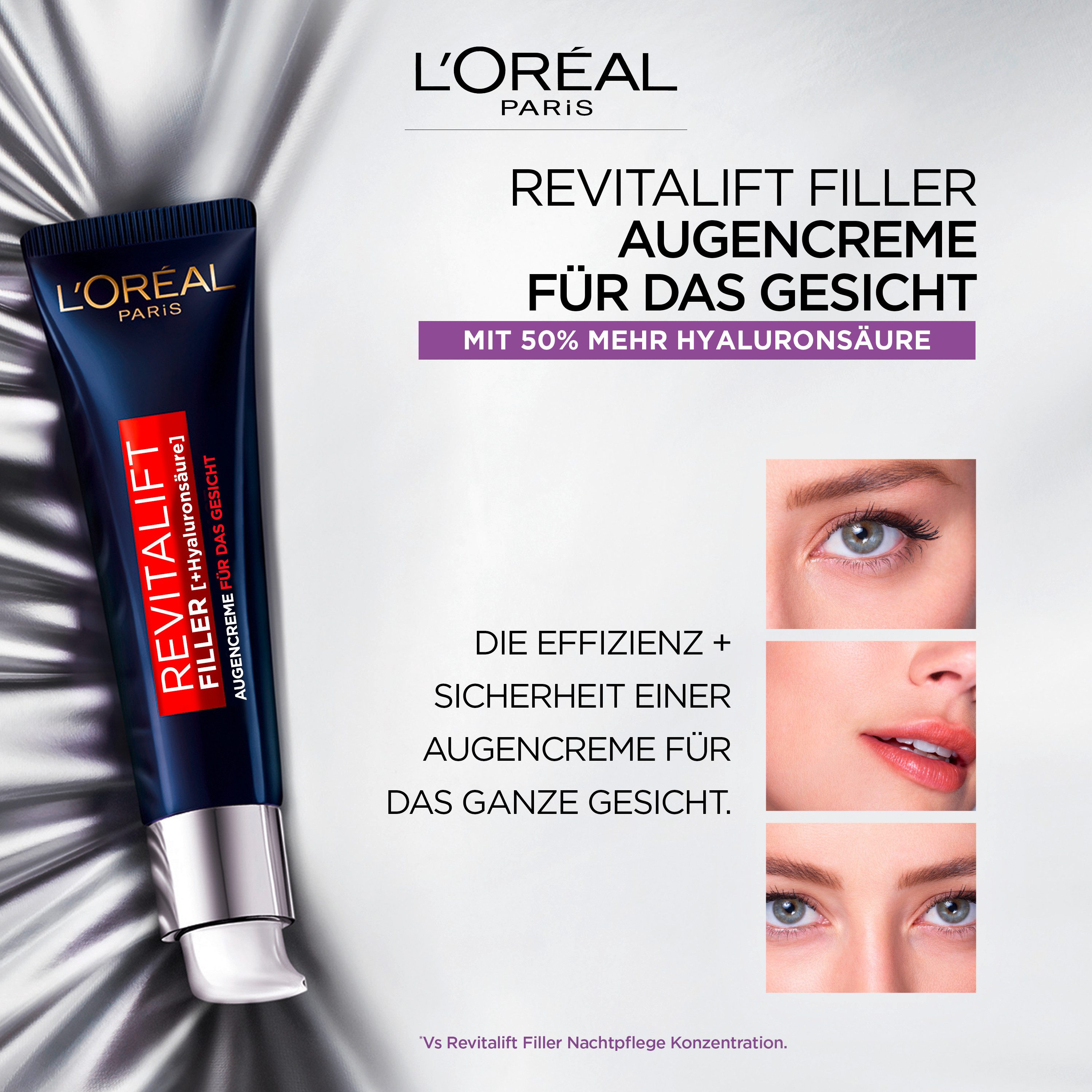 L'ORÉAL PARIS Gesichtspflege REVITALIFT FILLER AUGENCREME FÜR DAS GESICHT, mit Hyaluronsäure, glättet die Haut, feuchtigkeitsspendend
