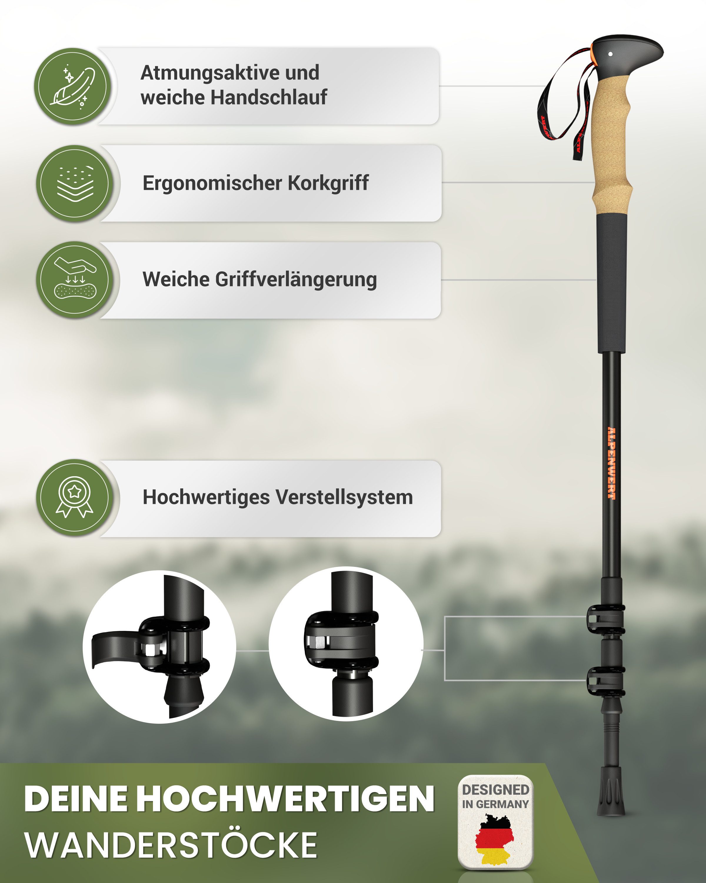 Alpenwert Wanderstöcke Teleskop Trekkingstöcke Nordic Walking Stöcke - Korkgriff zum Wandern (Premium Stöcke, Komplett Set 12 Teile), Wanderstöcke, ultraleicht, – Bild 2 von 5