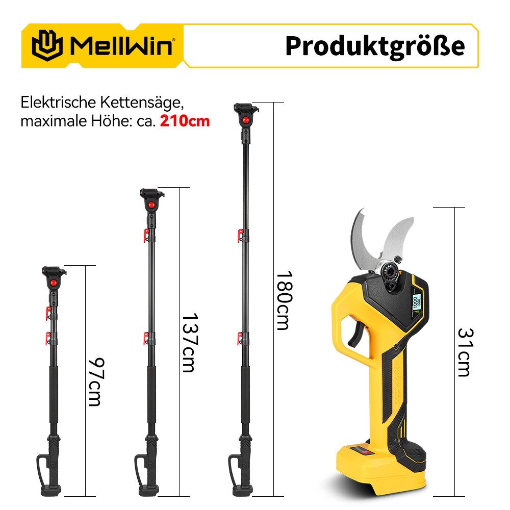MELLWIN Akku-Astschere 2 in 1 Akku Astschere Teleskop 50mm Elektrische Gartenschere, mit 2x 3.0Ah Akkus Bürstenloser Astschneider für Garten Äste