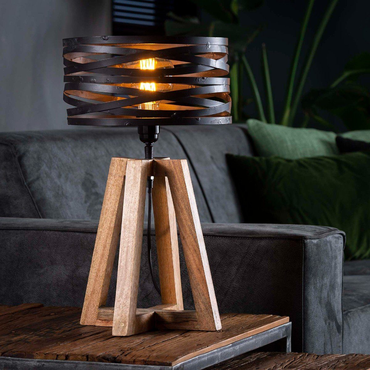 Liadomo Tischleuchte Prescott, ohne Leuchtmittel, Tischlampe im rustikalen Industrial Look, Metallschirm auf Holzgestell