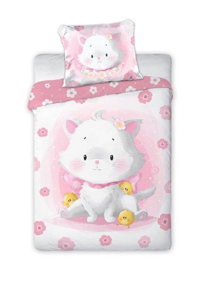 Faro Babybettwäsche Baby Bettwäsche Set mit rosa Katze 2 tlg. 100x135 cm 100% Baumwolle, 1 teilig, Langlebig