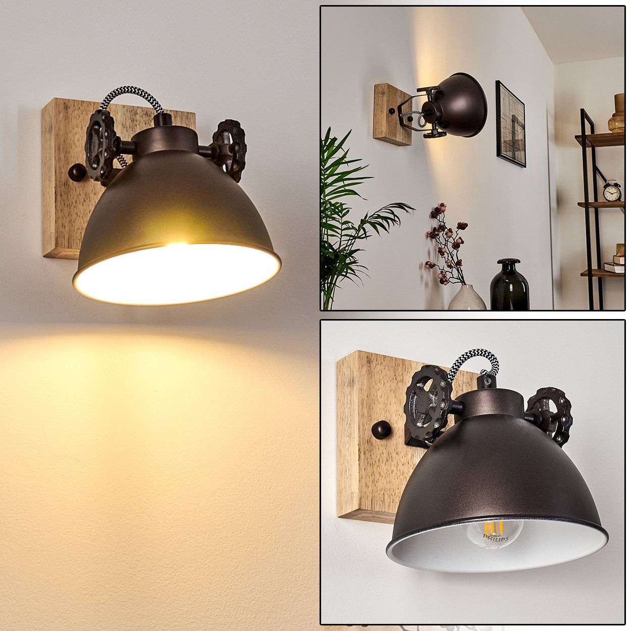 Schwarz-Braun/Natur, Leuchtmittel, 1xE14, Design in Holz aus und »Mot« hofstein ohne Wandlampe Metall Deckenleuchte Retro/Vintage mit verstellbarem Strahler,