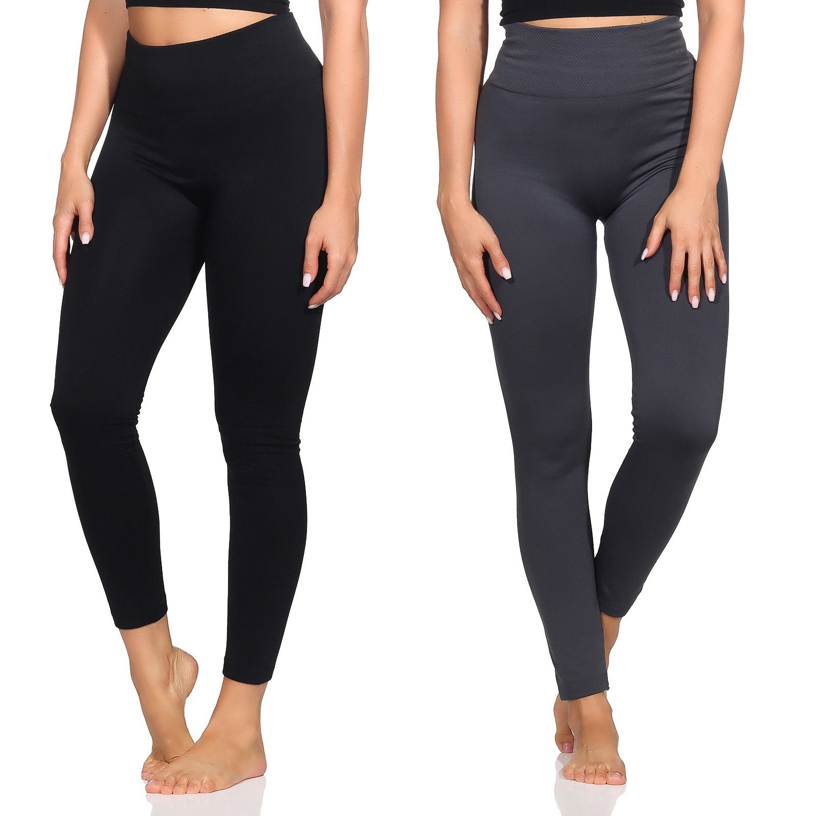 Aurela Damenmode Thermoleggings Damenleggings leicht angeraute Thermoleggings Skiunterwäsche (1-tlg) mit hohem Komfortbund (Wabenbund), max. Körpergröße bis 1,69m 1x Schwarz / 1x Grau