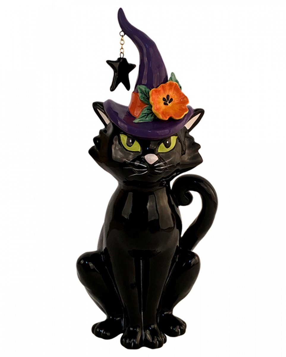 Horror-Shop Dekofigur Katze mit Keramik aus Hexenhut Figur 31cm