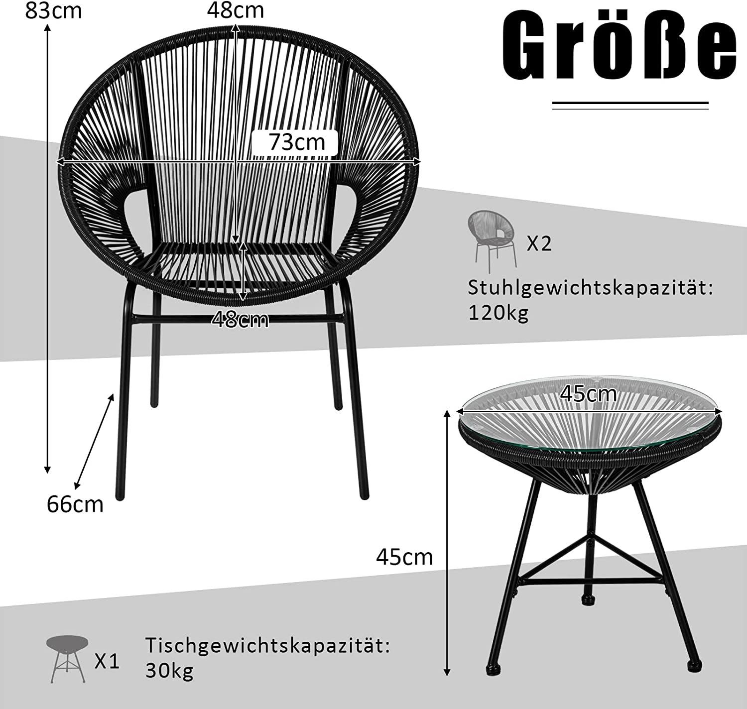 (3 TLG), Lounge Set Schwarz KOMFOTTEU Rattan Sitzgruppe Gartenmöbel,