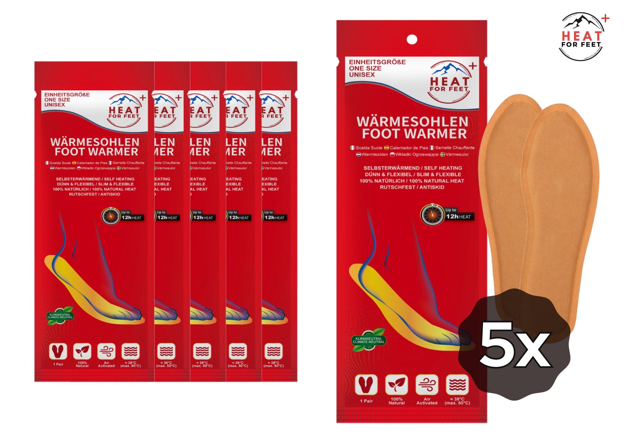 HEAT FOR FEET Fußwärmer Wärmesohlen für Schuhe - 5, 10 oder 30 Paar, bis zu 12Std. warme Füße, 5-tlg., Sofort wärmende Einlegesohlen, 100% natürlich, Unisex, Einheitsgröße