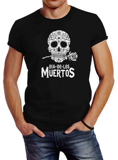 Neverless Print-Shirt Herren T-Shirt Sugar Skull Dia De Los Muertos Totenkopf mit Blumen Slim Fit Neverless® mit Print