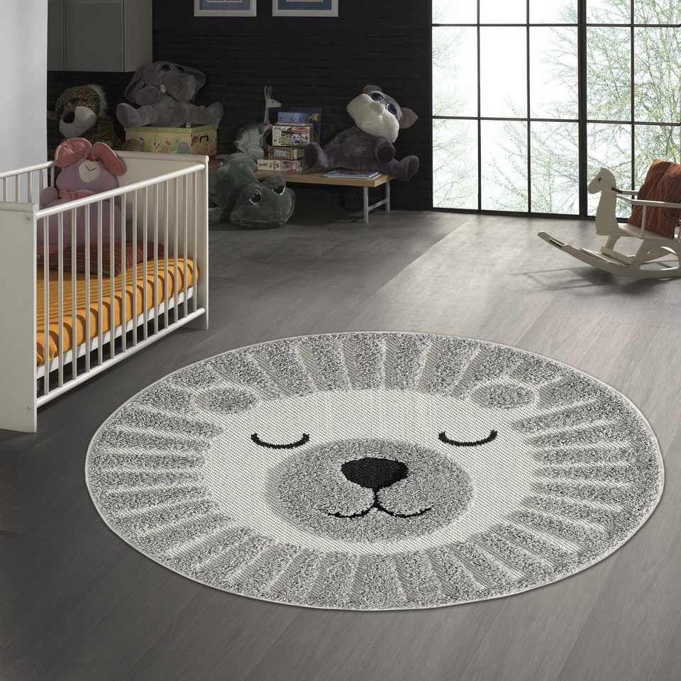 Kinderteppich Runder Kinderteppich flauschiger schlafender Bär in grau,  TeppichHome24, rund
