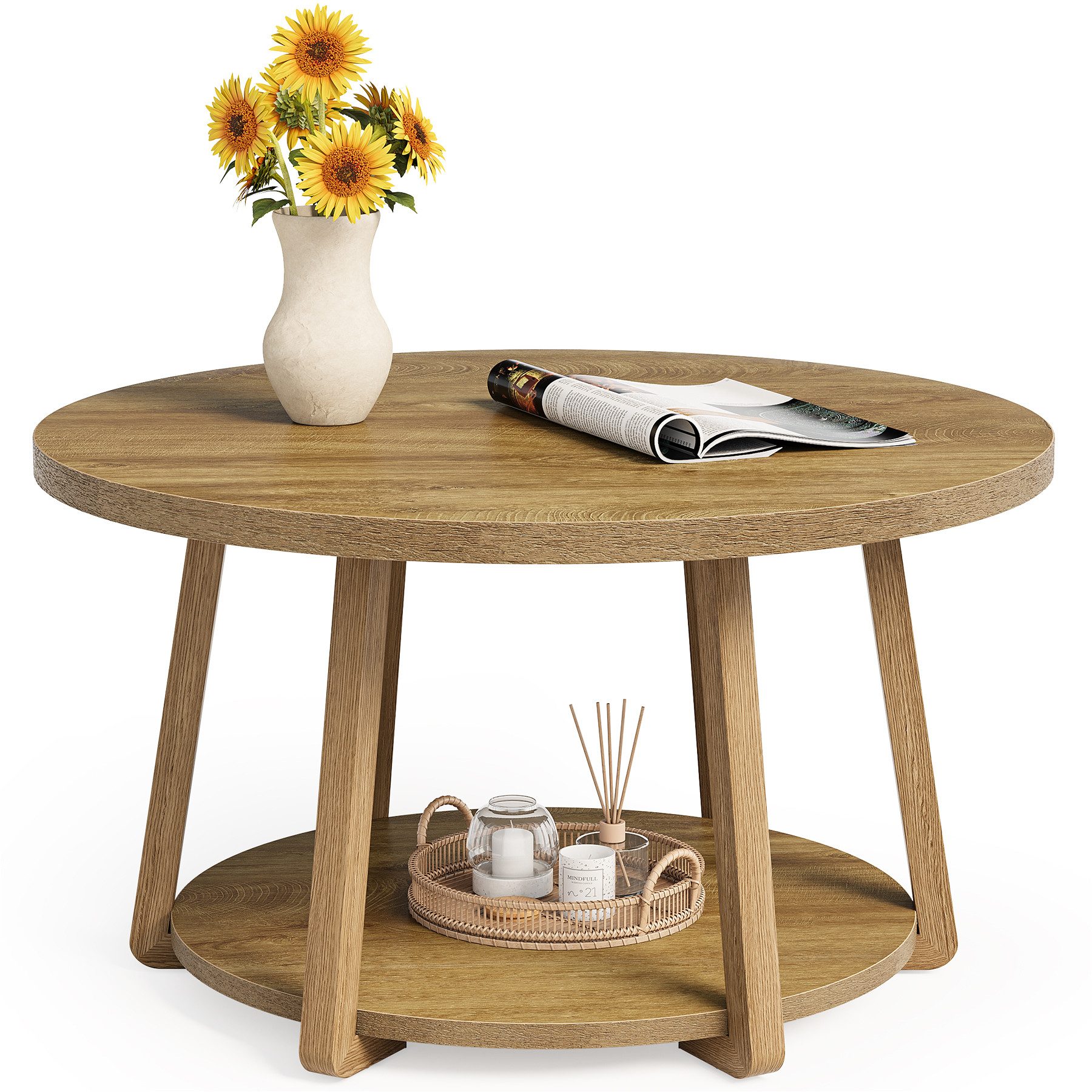 Tribesigns Couchtisch Runder Kaffeetisch 80 cm 2-stöckig mit Stauraum Holzbeinen