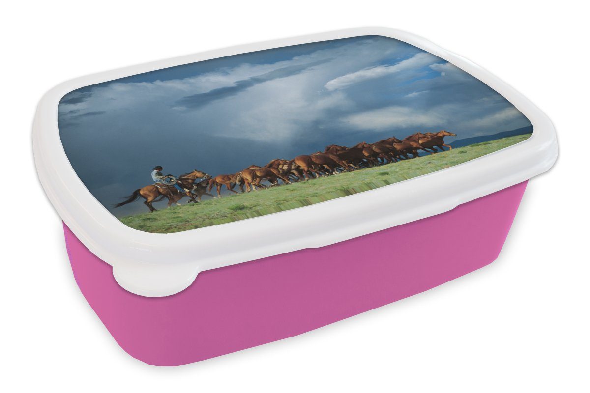 MuchoWow Lunchbox Pferde - Cowboy - Luft, Kunststoff, (2-tlg), Brotbox für Erwachsene, Brotdose Kinder, Snackbox, Mädchen, Kunststoff rosa