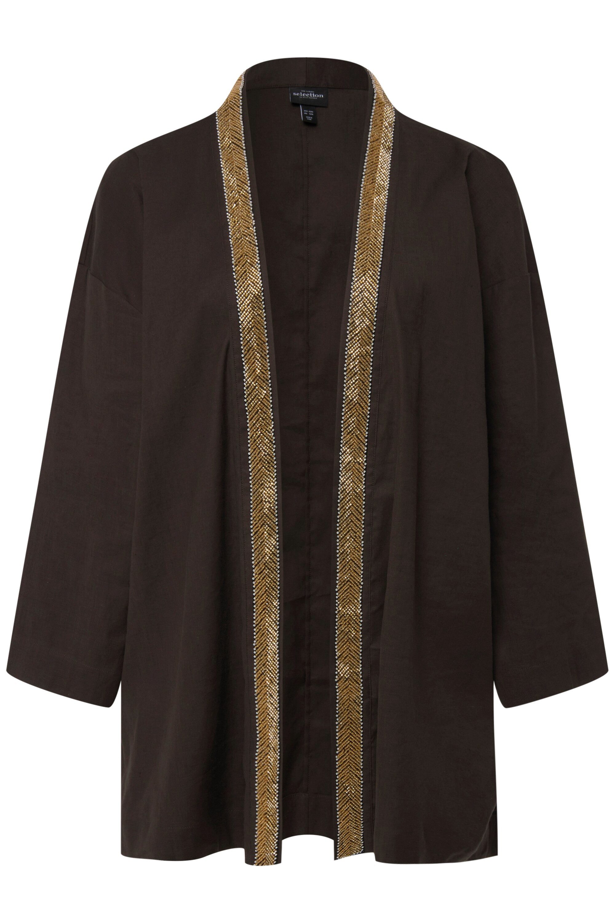 Ulla Popken Kimono Kimono-Jacke Schalkragen Leinenmix Perlenborte, Langform, Materialmix