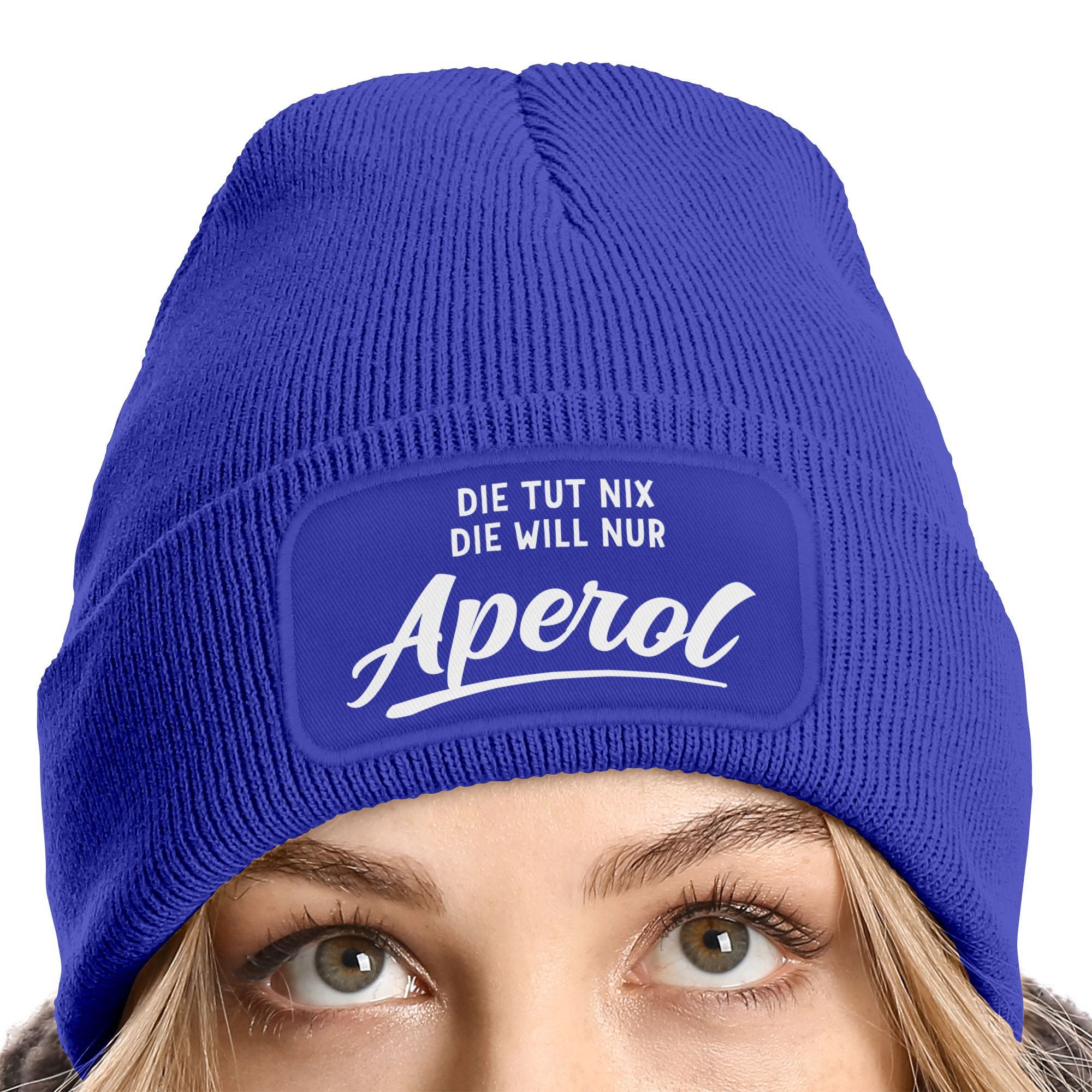 MoonWorks Strickmütze Damen Beanie mit Patch Strickmütze mit Spruch Lieblingsgetränk Party