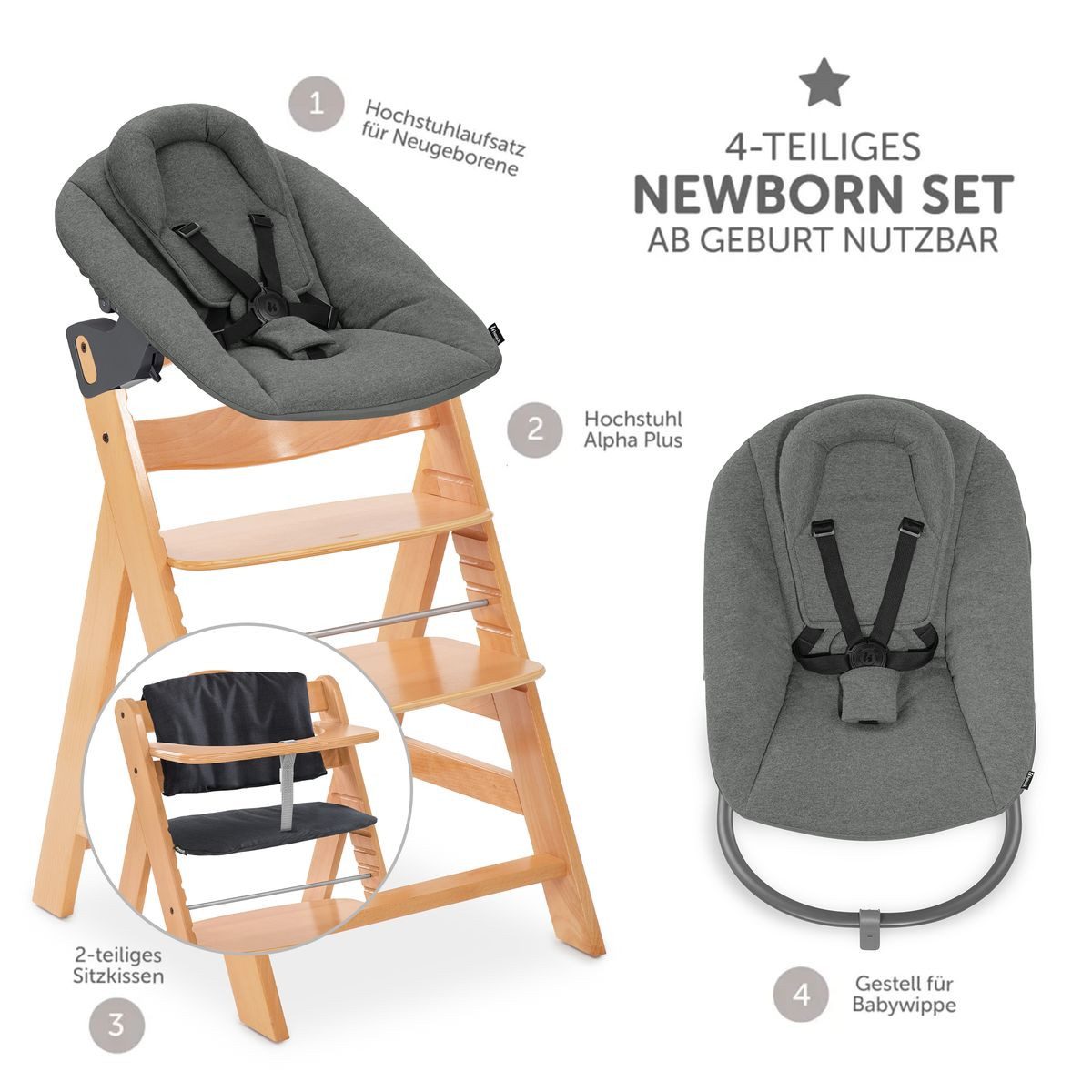 Hauck Hochstuhl Alpha Plus Natur Newborn Set, Holz Babystuhl ab Geburt inkl. Aufsatz für Neugeborene & Sitzauflage