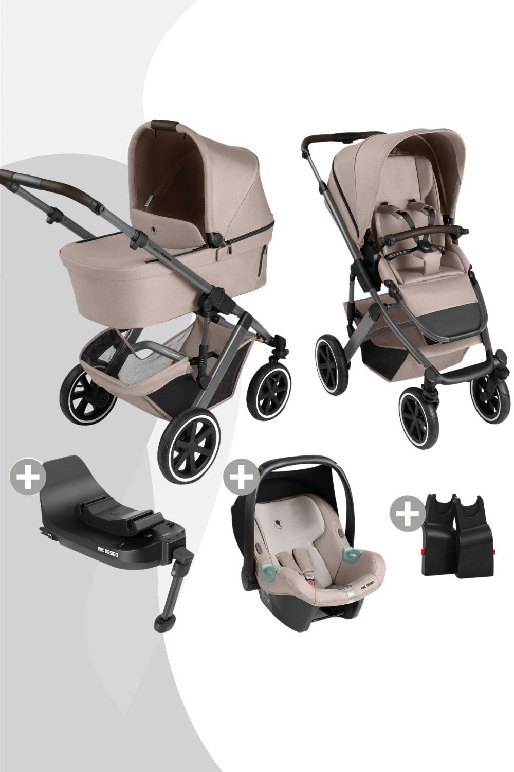 ABC Design Kombi-Kinderwagen Salsa 5 Air All in One Set + Isofix Base Root, Ab Geburt bis 4 Jahre, mit Wanne, Babyschale, Adaptern und Isofix Base