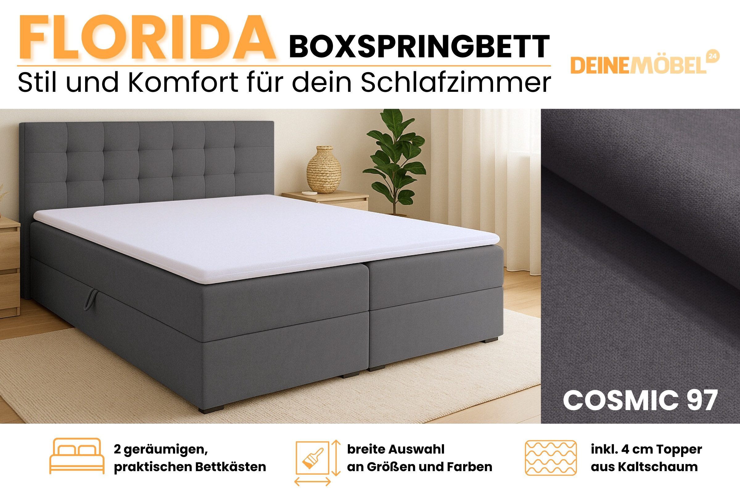 Deine Möbel 24 Boxspringbett FLORIDA Boxbett Schlafzimmerbett Ehebett in Stoff Schlafzimmer (Polsterbett mit Bonnellfederkern-Matratzen H3 Braun Dunkelgrau, 3-St., inkl. Topper, inkl. Bettkästen Beige Schwarz), 140x200 160x200 180x200 200x200 Grau Hellgrau