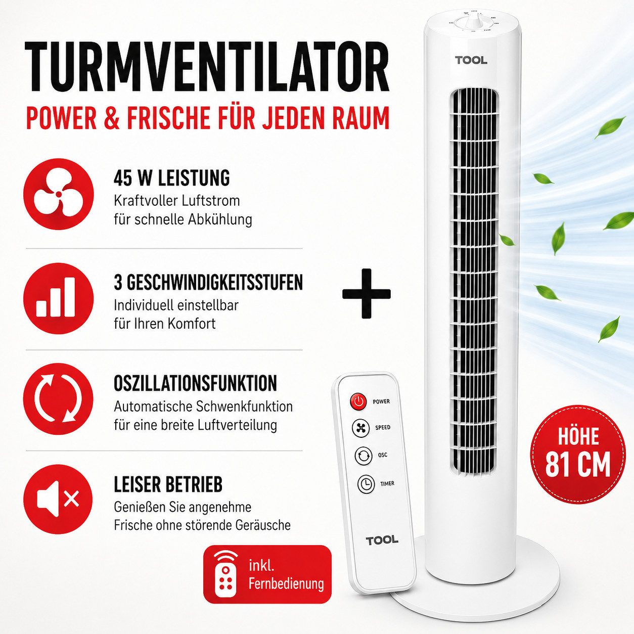 Ertex Standventilator Ventilator TURMVENTILATOR 45 W, Höhe 82 cm, Fernbedienung + Timer