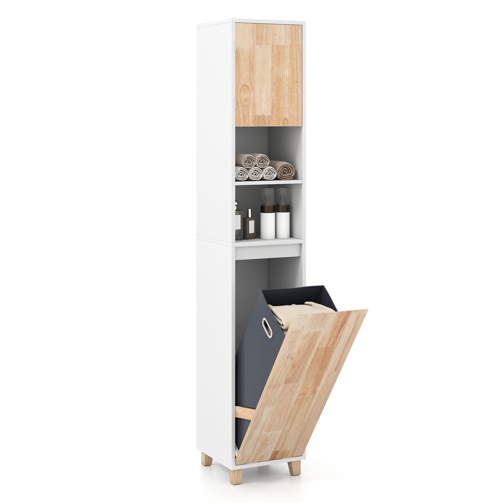 KOMFOTTEU Hochschrank Badezimmerschrank Badschrank mit Wäschekorb und offenen Fächern