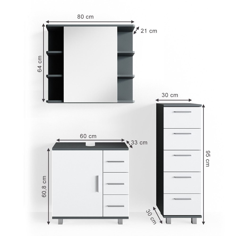 Vicco Badmöbel-Set Ilias, Weiß/Anthrazit, 3 Teile, mit Midischrank, (Badset, 3-St., 3er Set)