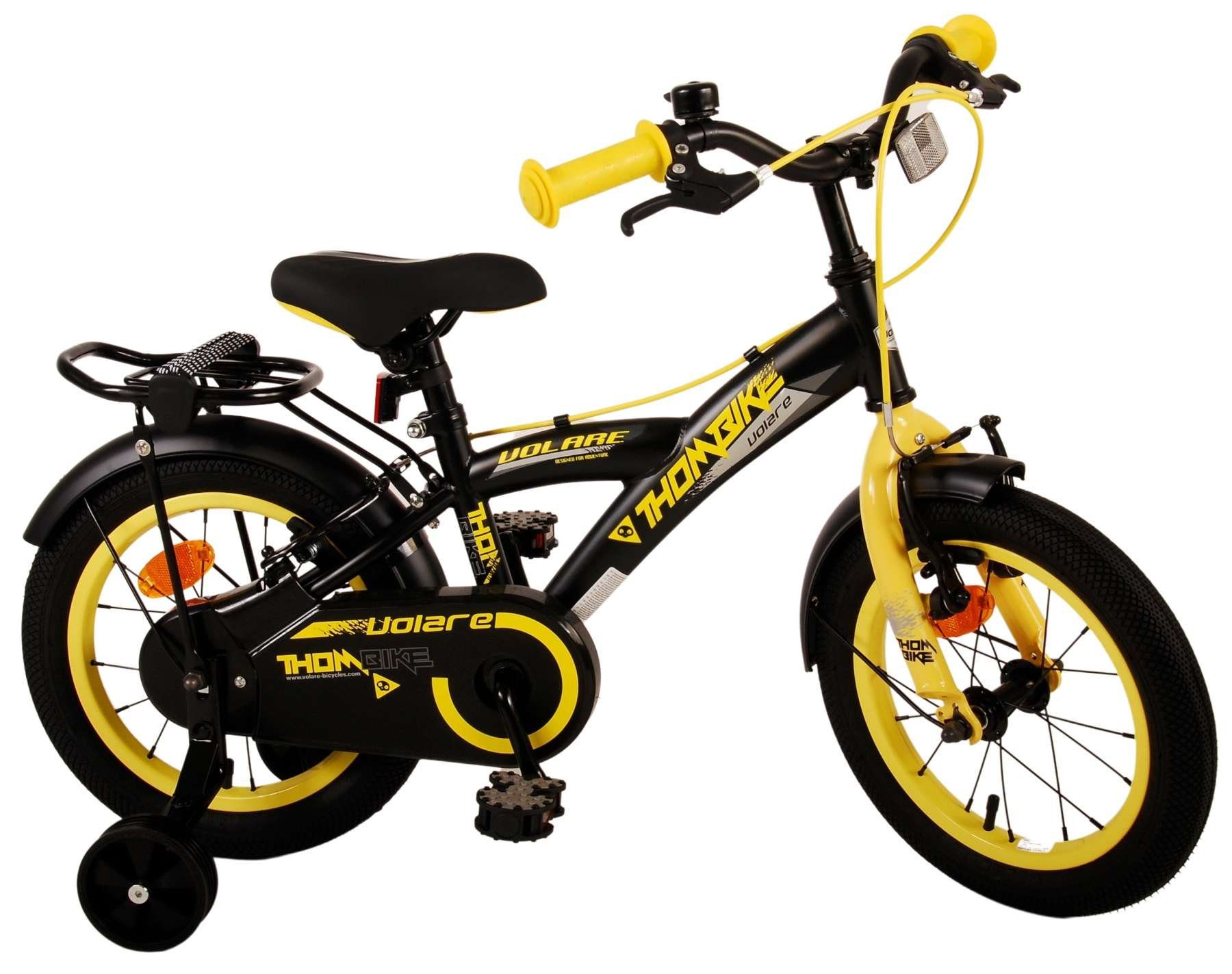 Volare Kinderfahrrad Thombike - 12 oder 14 Zoll - Zweihandbremsen - bis 60 kg, 85% zusammengebaut, 3 - 5 Jahre, Lenkerhöhe einstellbar schwarz-gelb