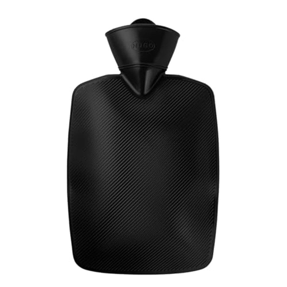 Hugo Frosch Wärmflasche Klassik 1,8 l Strukturlamelle Made in Germany, Schwarz - langlebige, auslaufsichere Bettflasche mit XL-Haltelasche